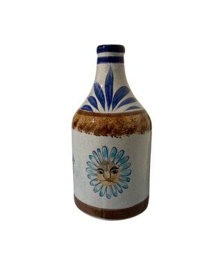 Mexican Tonala Pottery Blue Flower Face Jug Bottle
